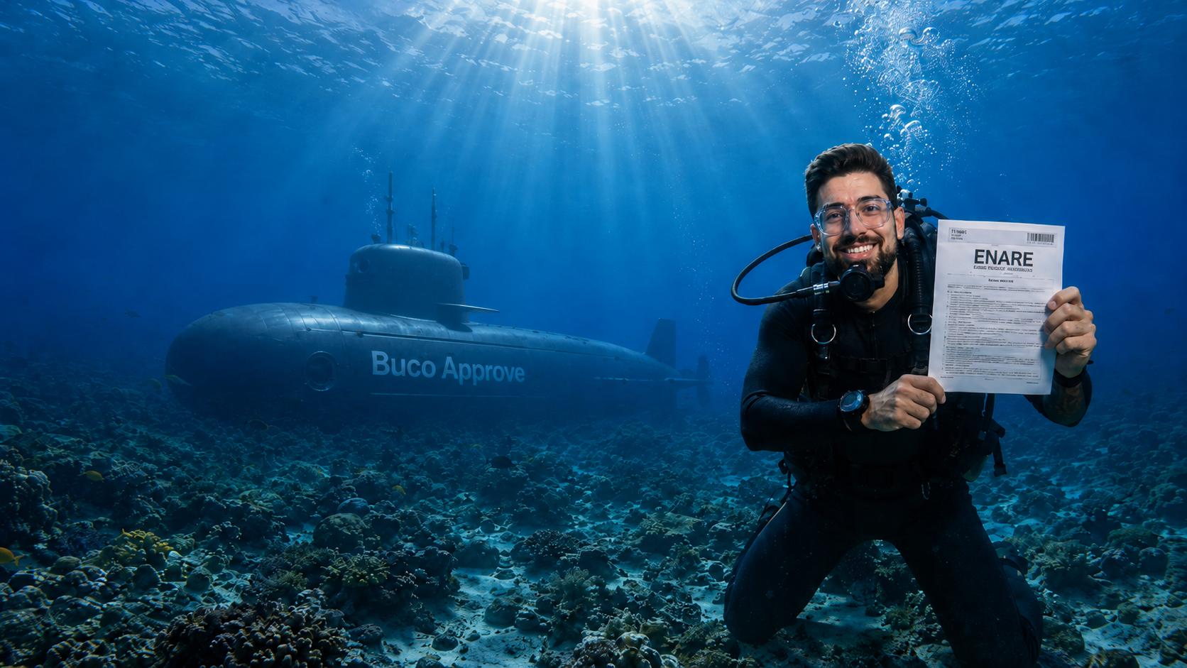 Mergulhador segurando a prova do ENARE com submarino Buco Approve ao fundo