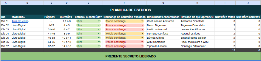 Planilha de acompanhamento preenchida