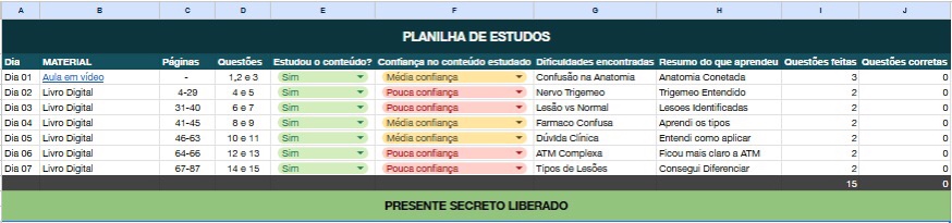 Planilha de estudos preenchida