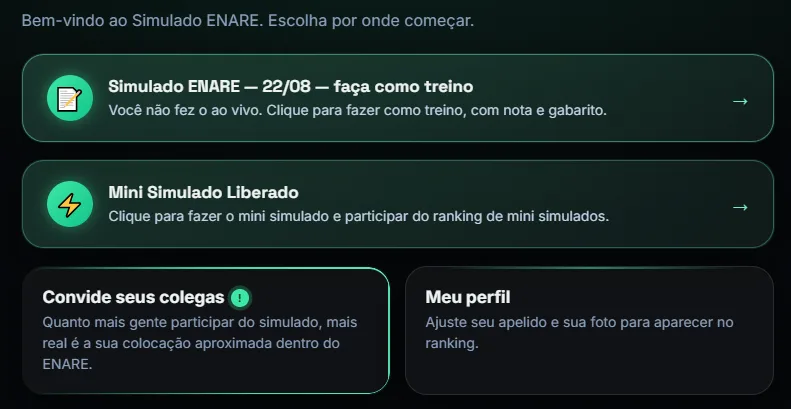 Área de simulados da plataforma da Revisão ENARE, com o Simulado ENARE e o Mini Simulado liberados para treino