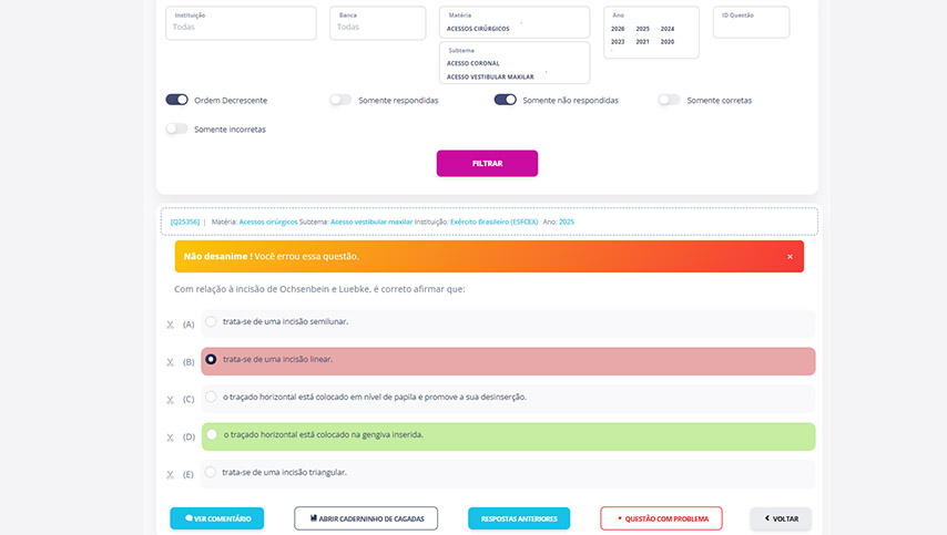 Tela de questões do Buco App